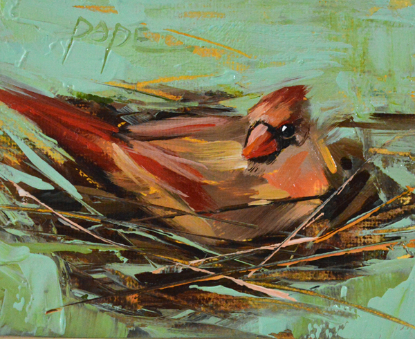 A painting of a bird sitting on top of a nest.