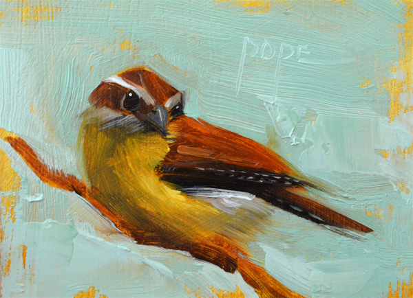 A painting of a bird sitting on the ground