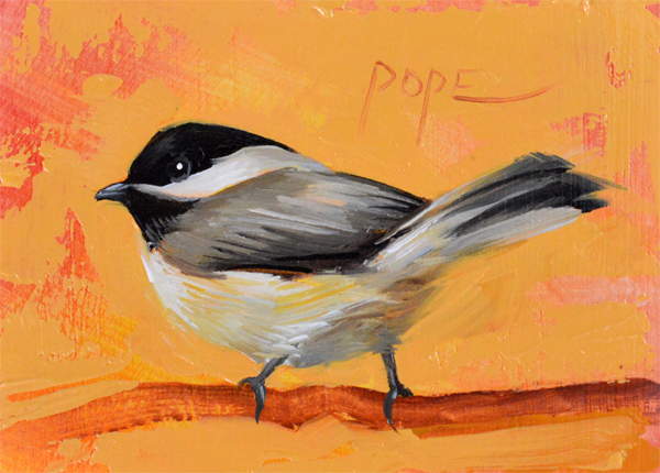 A painting of a bird on orange background