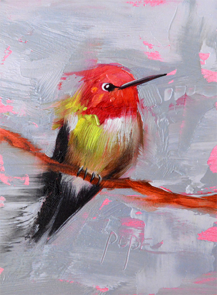 A painting of a hummingbird sitting on a branch