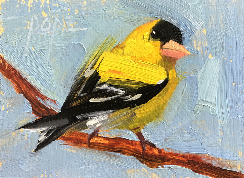 A painting of a yellow bird sitting on a branch