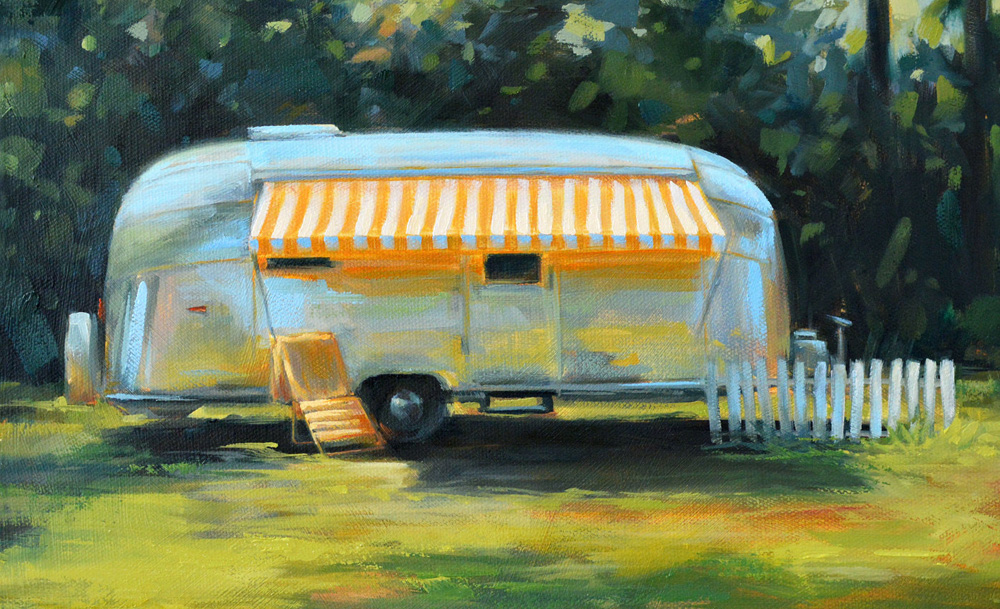 A painting of an airstream trailer with yellow awning.