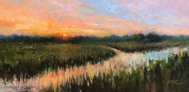 A painting of the sunset over a marsh