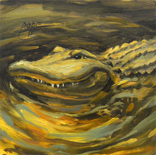 A painting of an alligator in the water