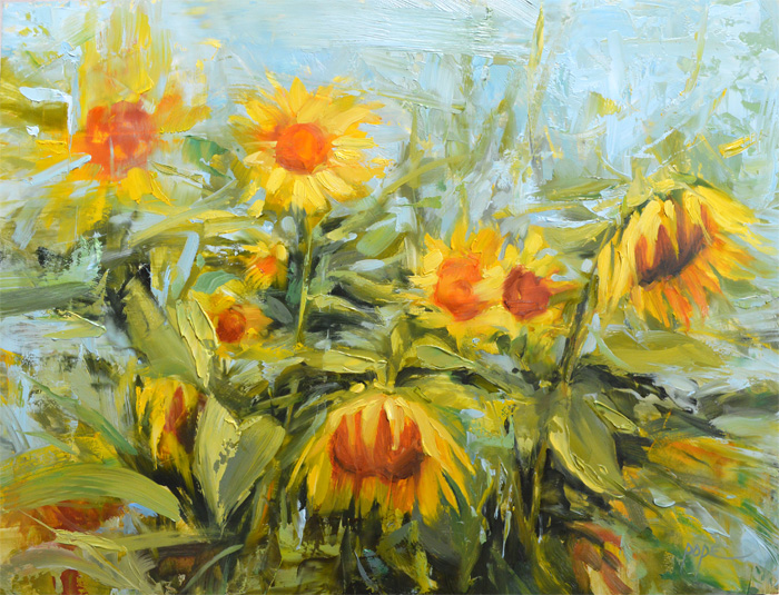 A painting of sunflowers in the sun