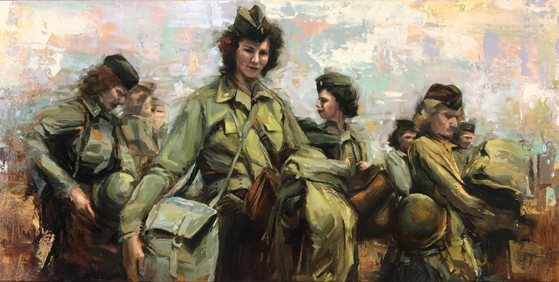 A painting of a woman in uniform with other women.