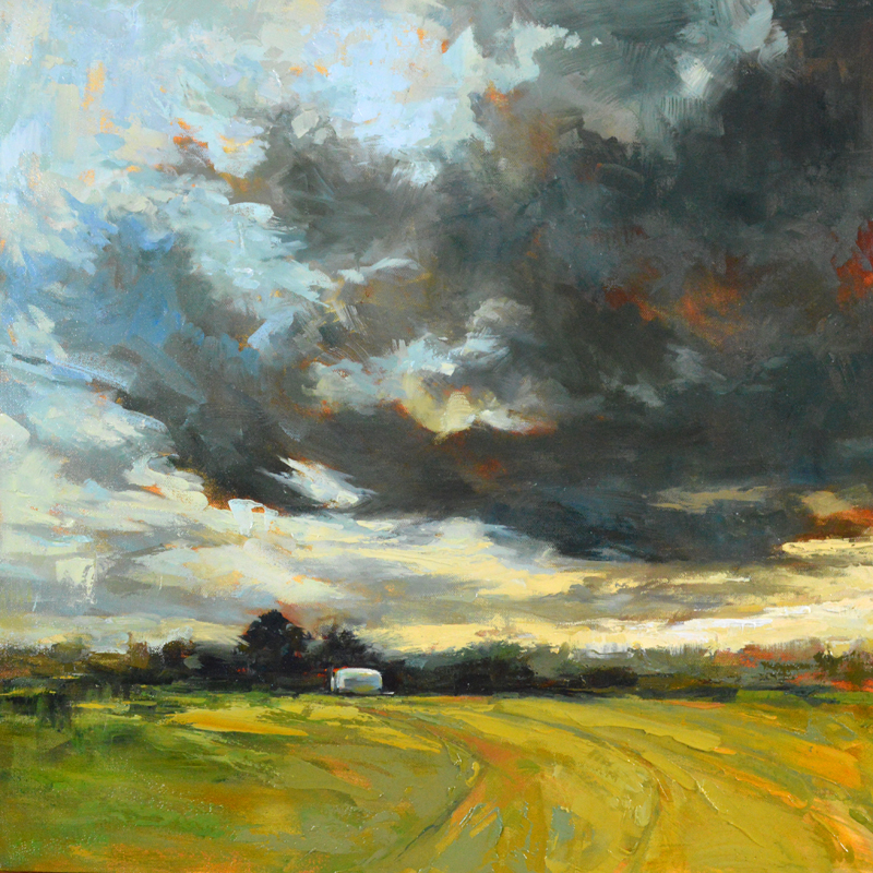 A painting of a field with dark clouds in the sky