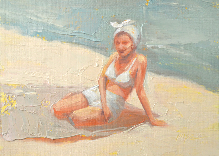 A painting of a woman sitting on the beach