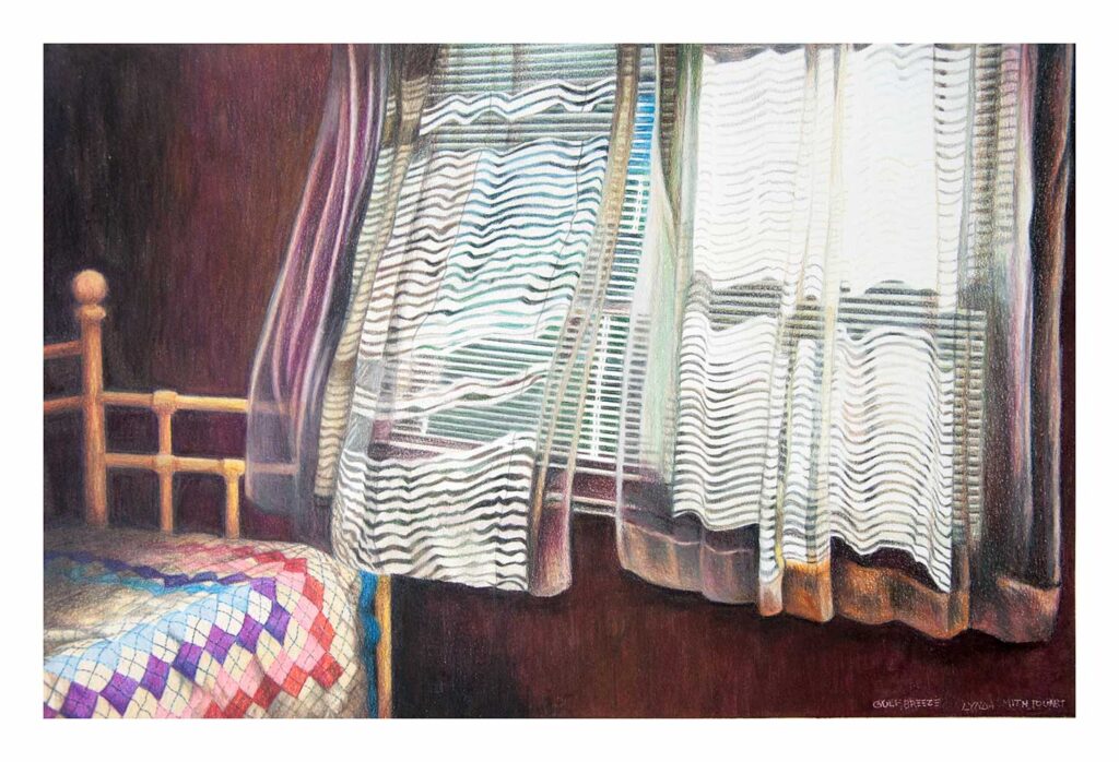 A painting of curtains and blinds in front of a window.