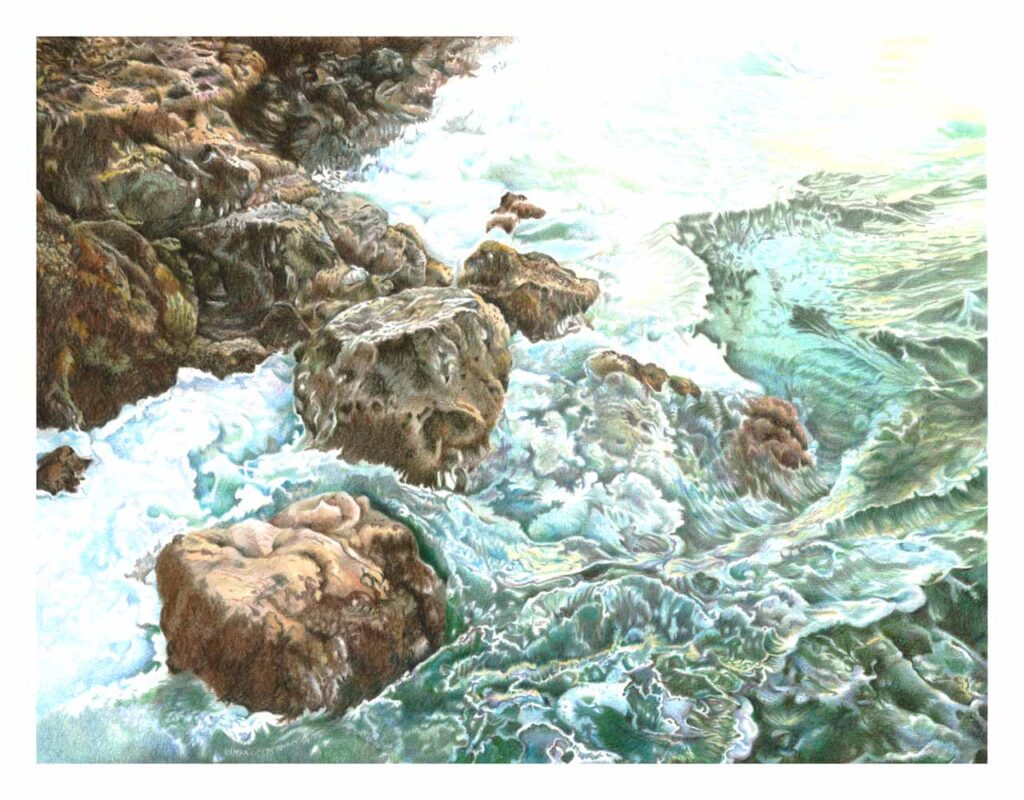 A painting of rocks and water in the ocean