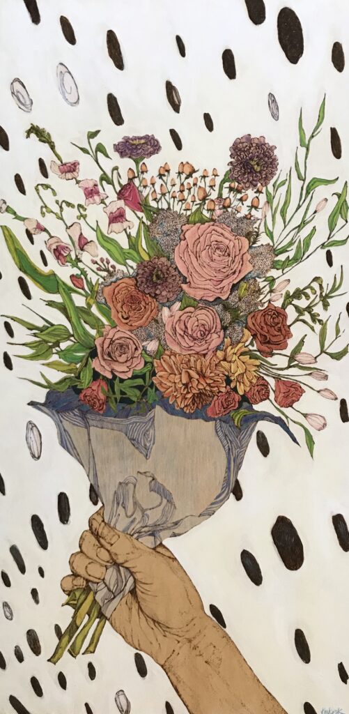 A painting of flowers in a vase on a table