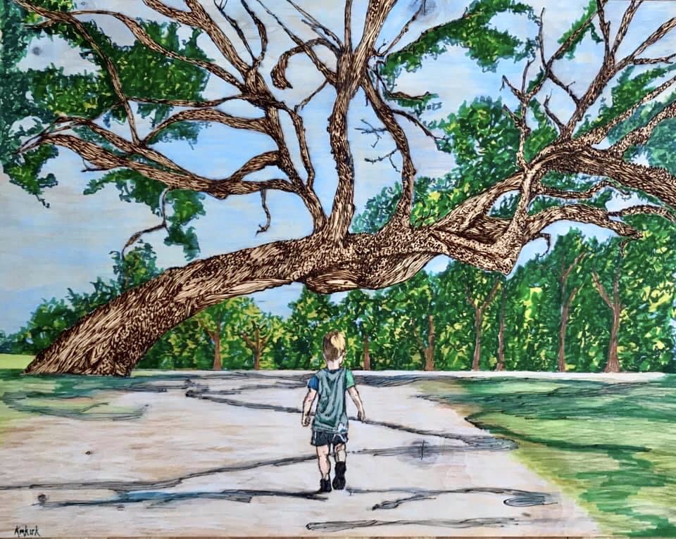 A painting of a person standing under a large tree