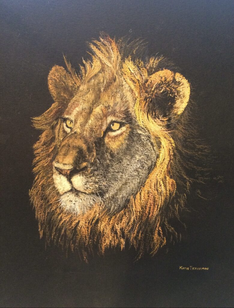 A painting of a lion with long hair on it's face.