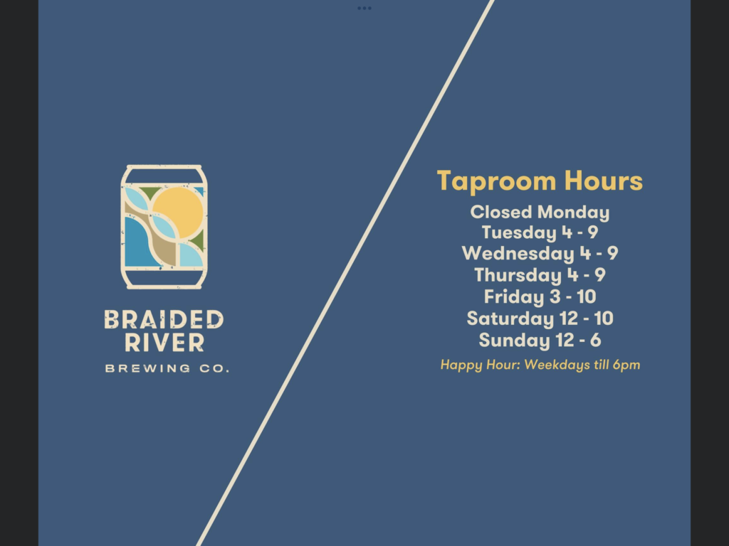 A blue and white poster with the words " taproom hours ".