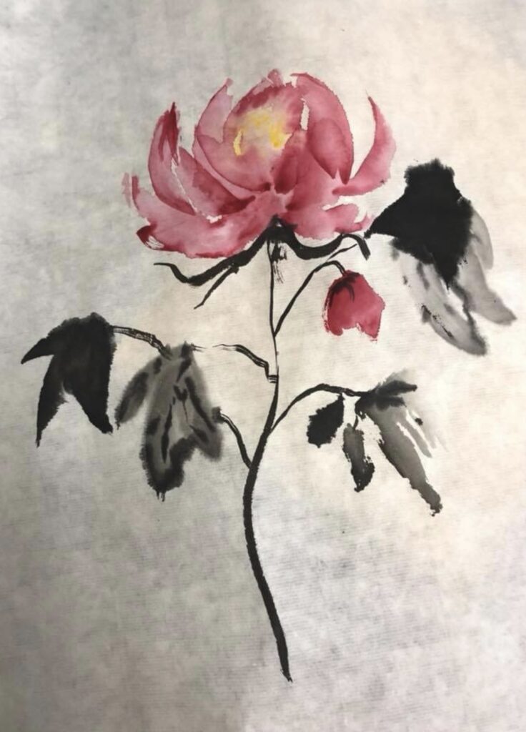 A painting of a flower with black leaves.