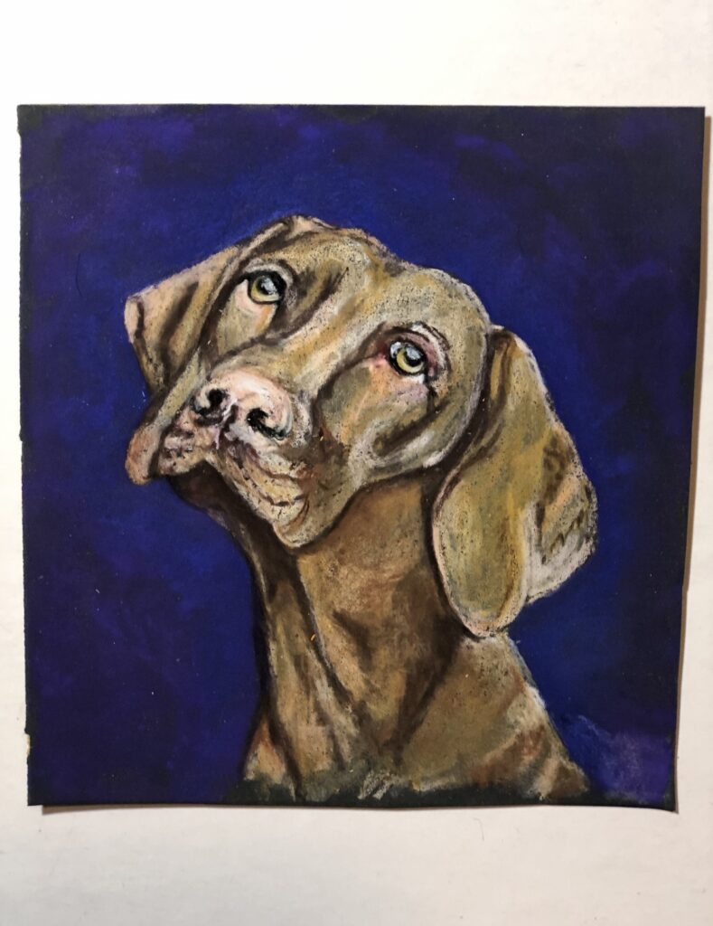 A painting of a dog with blue background