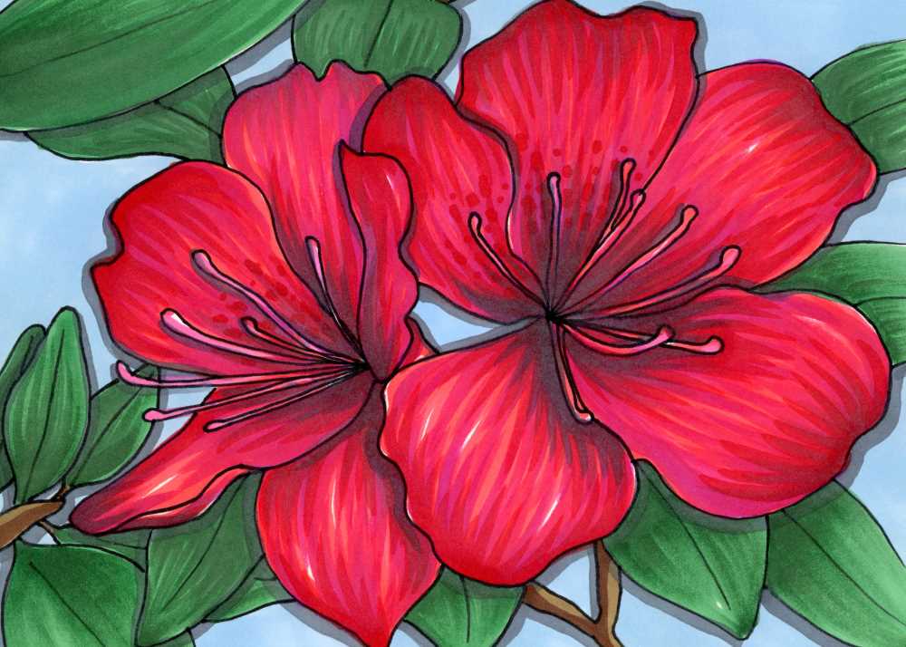 A painting of two red flowers with green leaves.