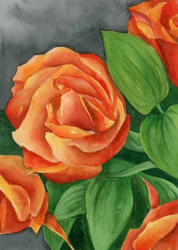 A painting of orange roses with green leaves.