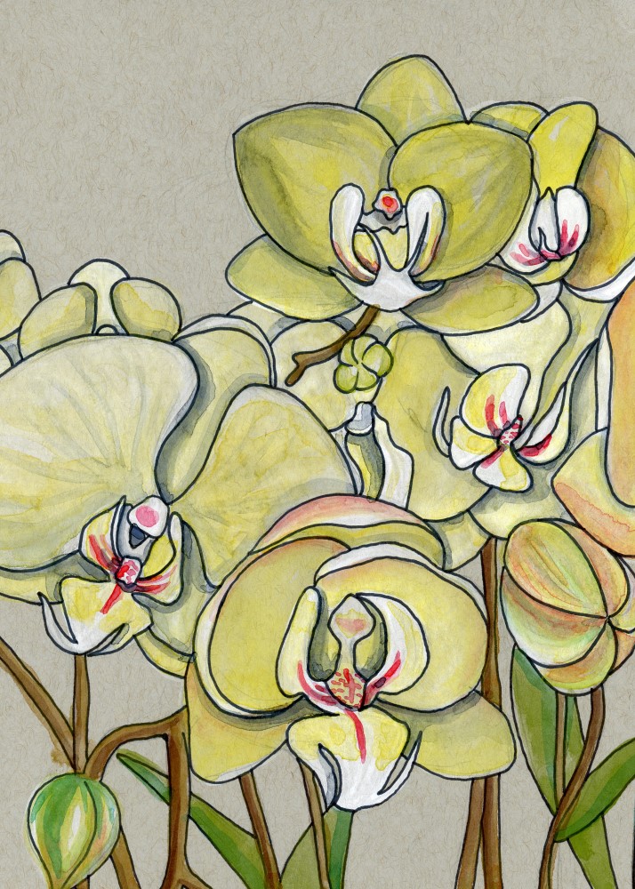 A painting of yellow flowers with green stems.