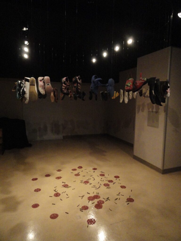 A room with clothes hanging on the line