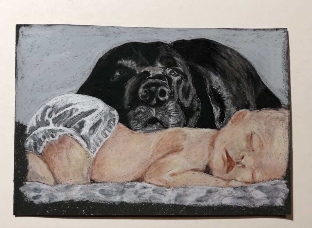 A painting of a baby and a dog