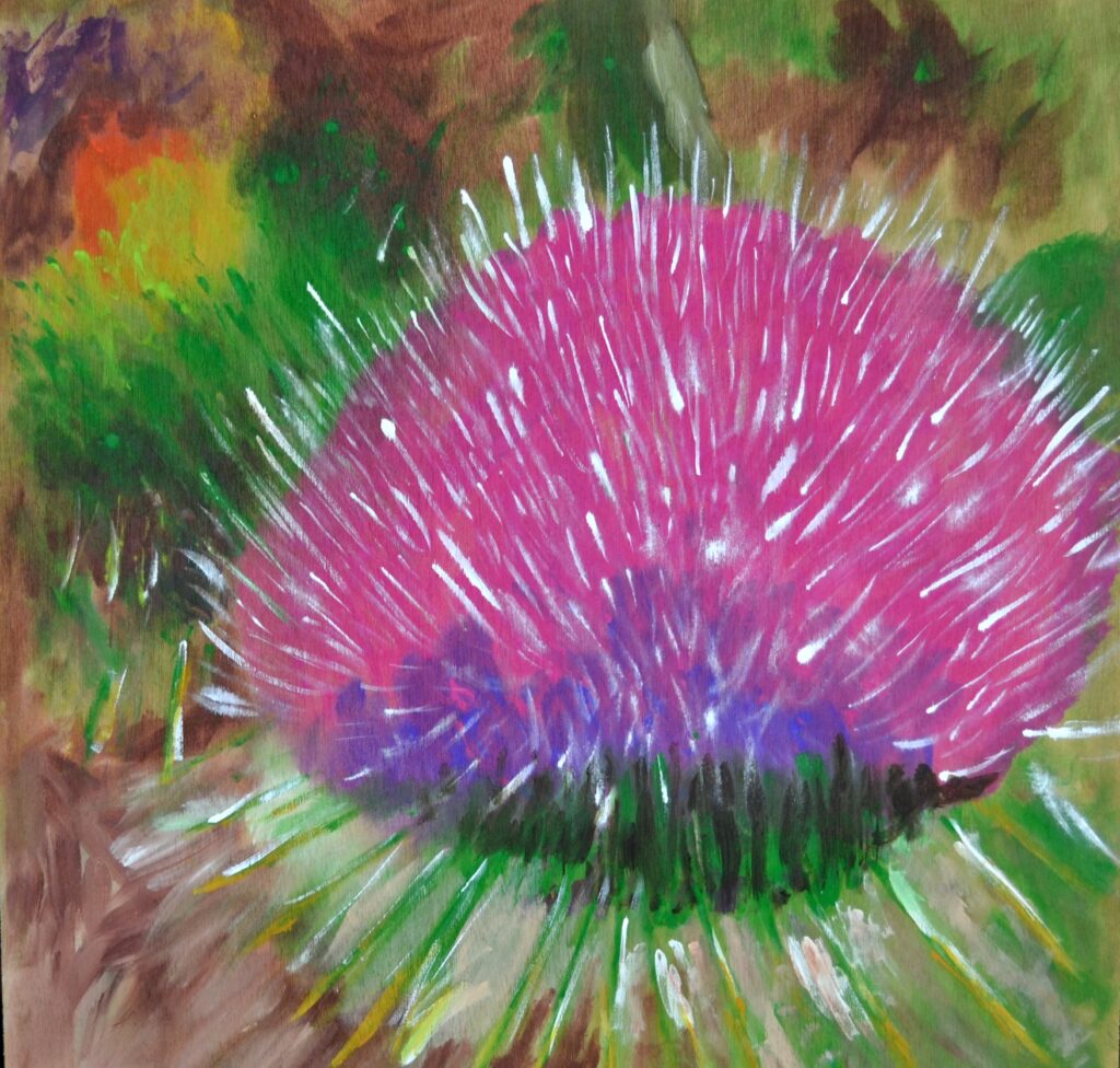 A painting of a purple flower with green leaves.