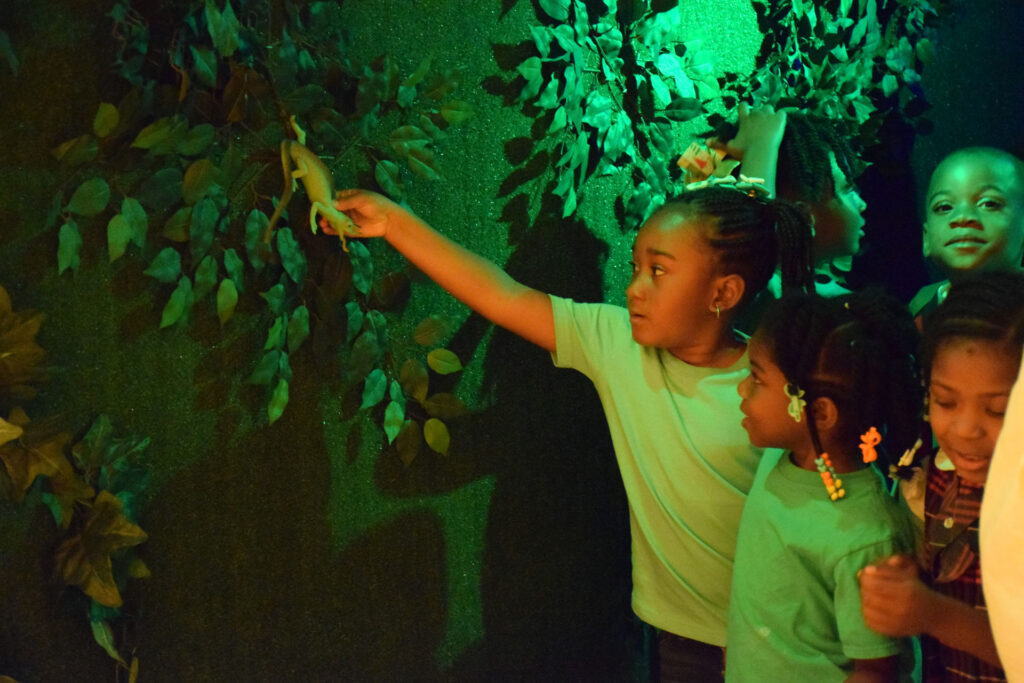 Two children are playing with a bird in the dark.