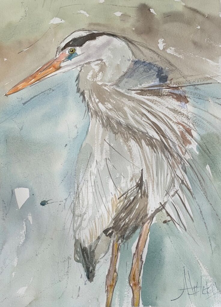 A painting of an egret in the water