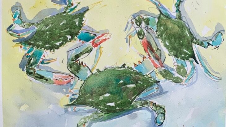 A painting of three crabs in the water