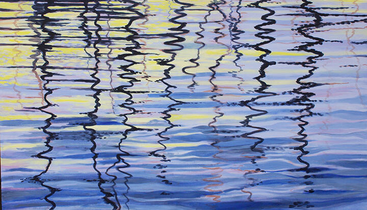 A painting of water with reflections on it.