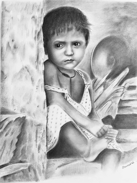 A pencil drawing of a child holding a mirror