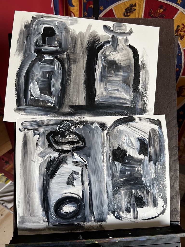 Two paintings of bottles are shown in black and white.