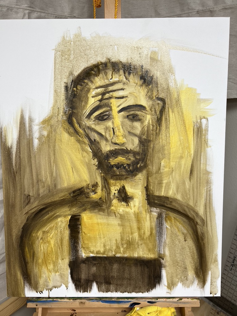 A painting of a man with no shirt and beard.