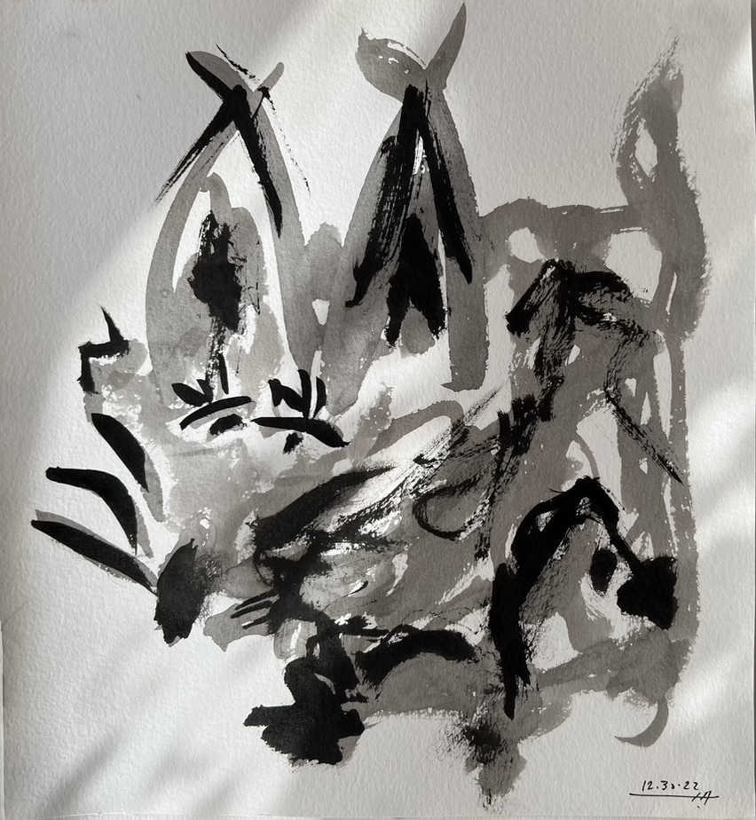 A black and white painting of some sort of animal.