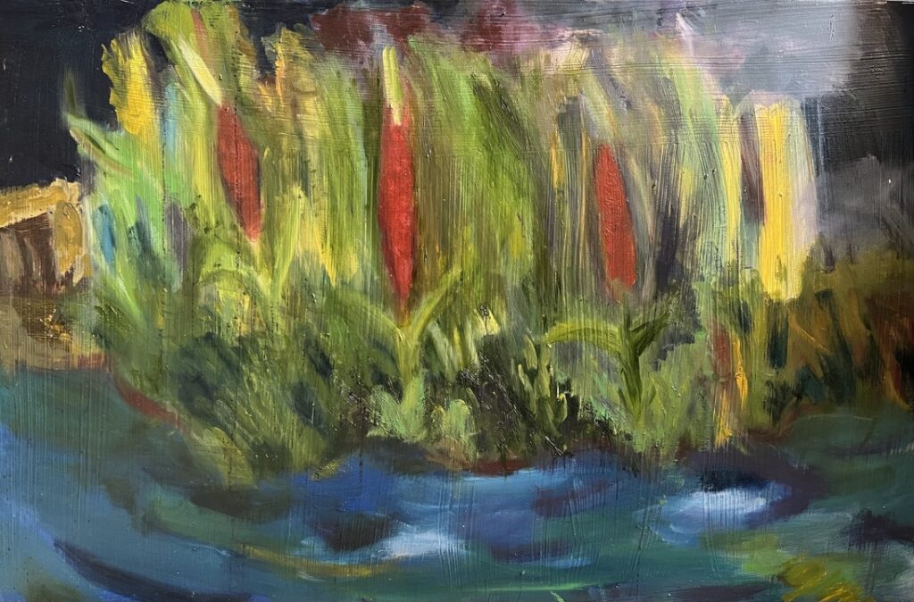 A painting of red cattails in the water.