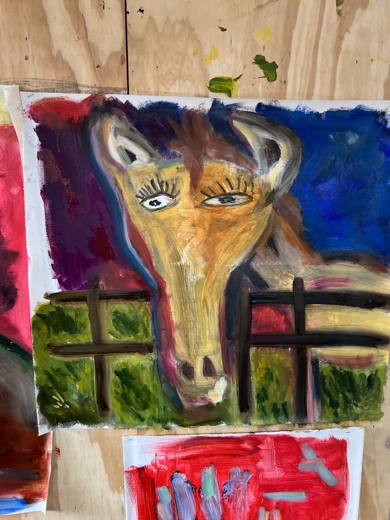 A painting of a horse with eyes closed.