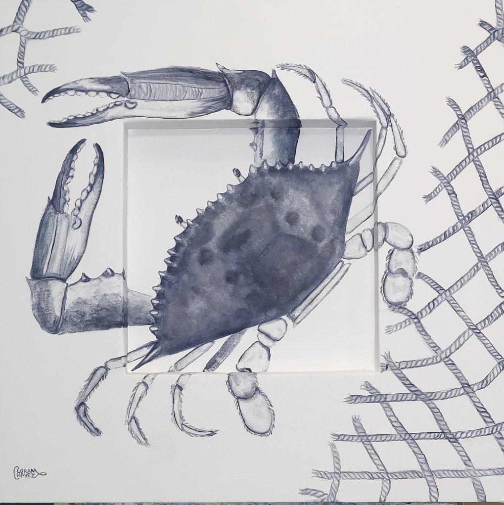 A crab is drawn in ink on paper.