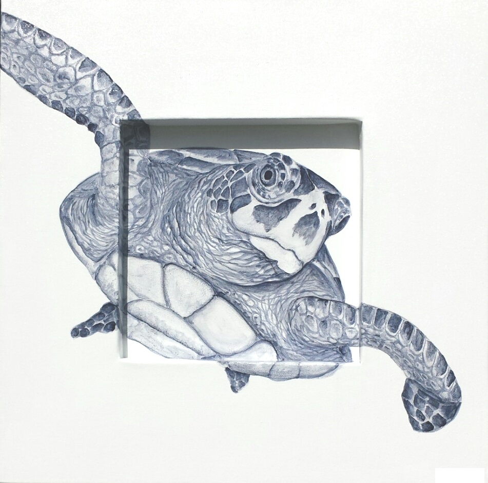 A drawing of a turtle on the side of a wall.