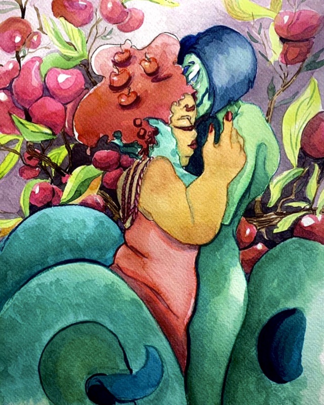 A painting of two people embracing in front of some fruit.