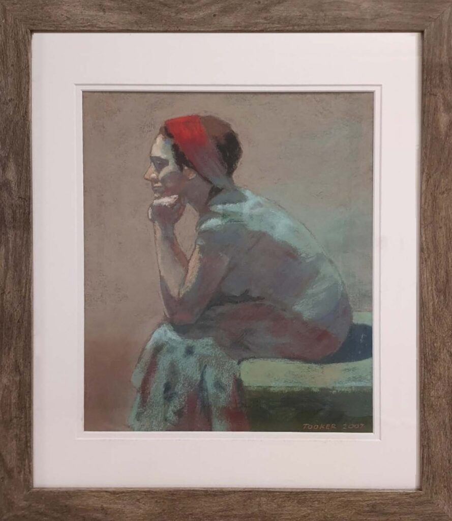 A painting of a woman sitting on the ground