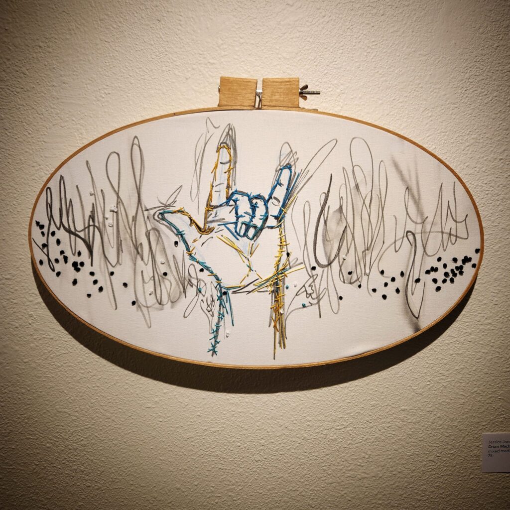 Mixed media piece by Jessica Jones embroidery and paint